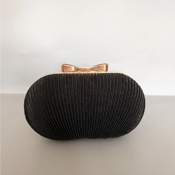 Bow Satin Evening Clutch Bag Hard-case With Chain Strap - Picture 3 of 6